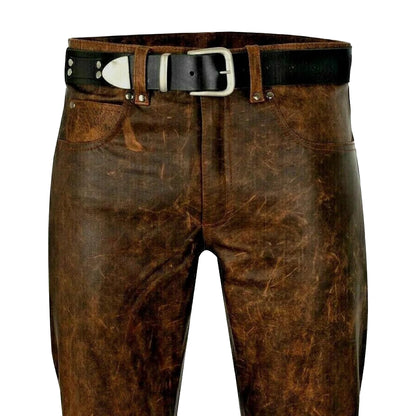 Genuine Cowhide Leather Motorcycle Pants – Western Cowboy Style, Handcrafted Native American Design