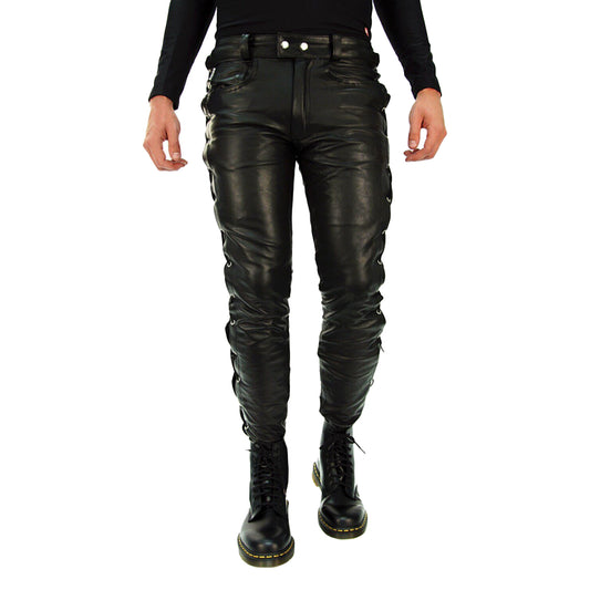 Vintage Leather Motorcycle Pants – Five-Pocket Handmade Cowboy Style for Men